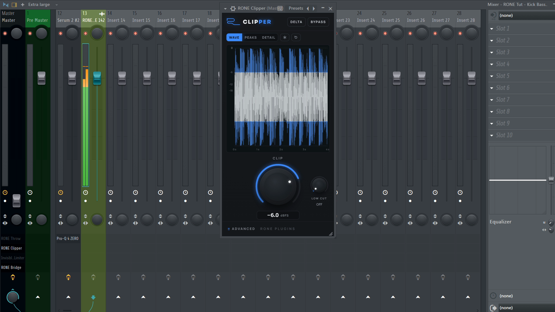 RONE Clipper in FL Studio, WAVE view with the clipped peaks in blue